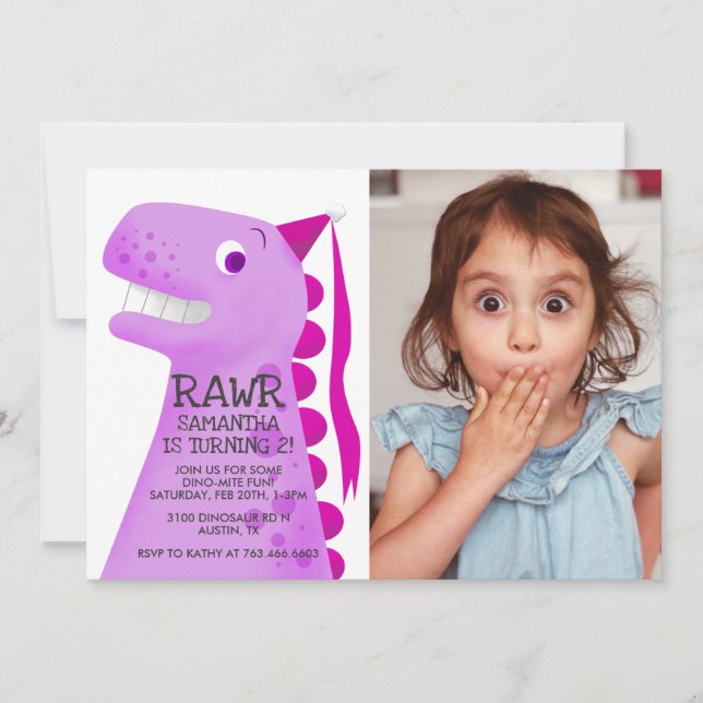 Invitation Dinosaure rose Princesse Anniversaire Photo (Devant)