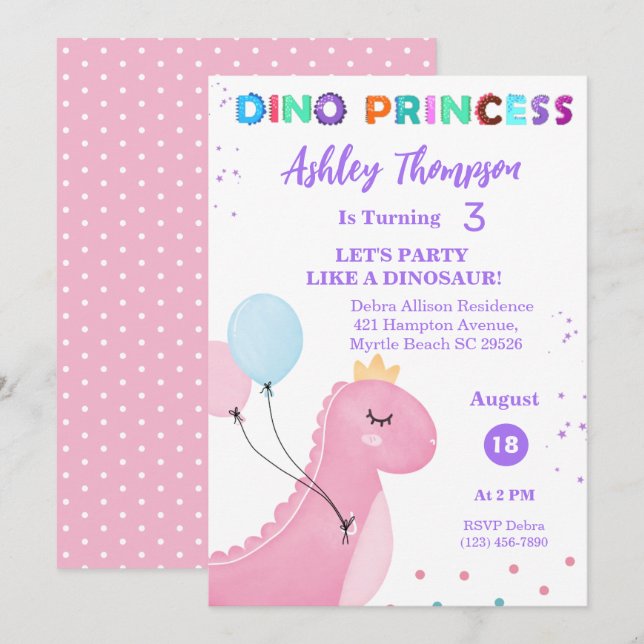Invitation Dinosaure rose Princesse Filles TRex fête d'annive (Devant / Derrière)