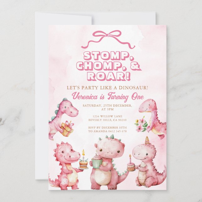 Invitation Dinosaure rose Stomp Chomp Roar 1er anniversaire (Devant)