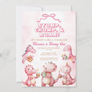 Invitation Dinosaure rose Stomp Chomp Roar 1er anniversaire