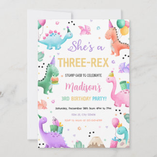 Invitation Dinosaure rose Trois Rex Girl Dino fête d'annivers