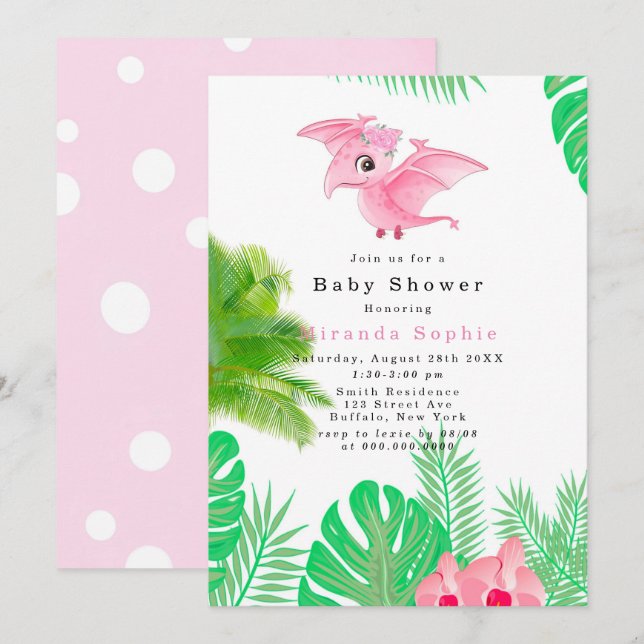 Invitation Dinosaure rose tropicale Baby shower mignon fille (Devant / Derrière)