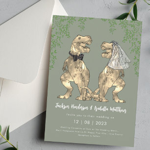 Invitation Dinosaure T-Rex Mariée & Marié Vert Sauge Mariage