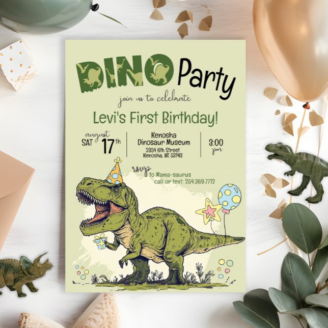 Invitation Dinosaure T-Rex Premier anniversaire Dino Party (Cute Cartoon T-Rex Dinosaur wearing birthday hat, First Birthday Dino Party invitation, one-a-saurus)
