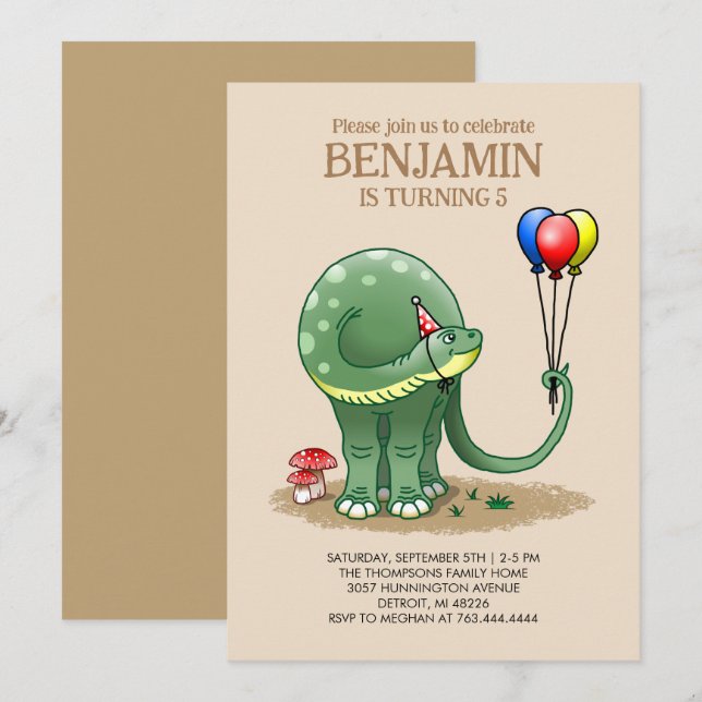 Invitation Dinosaure tenant Ballons Anniversaire (Devant / Derrière)