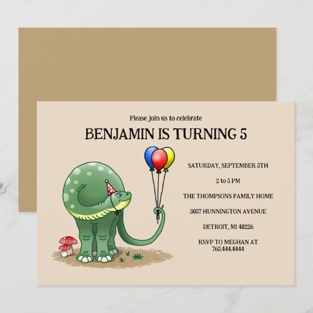 Invitation Dinosaure tenant Ballons Anniversaire (Devant / Derrière)