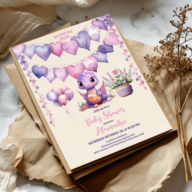 Invitation Dinosaure Thème Pink Baby shower Hatching Bientôt (Créateur téléchargé)