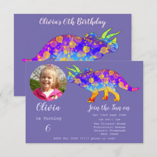 Invitation Dinosaure Tricératops Filles Anniversaire Purple P