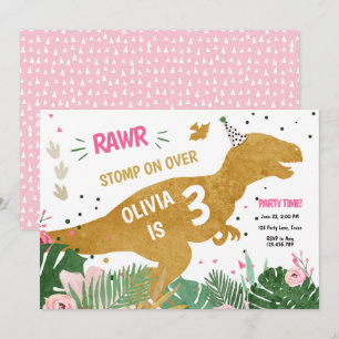 Invitation Dinosaure Trois Rex Dino fille rose or Anniversair