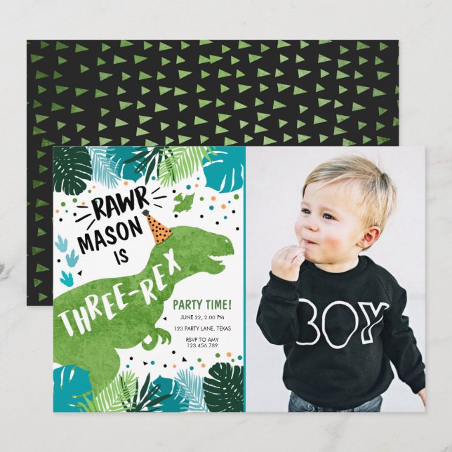 Invitation Dinosaure Trois Rex T-Rex RAWR 3e anniversaire (Devant / Derrière)