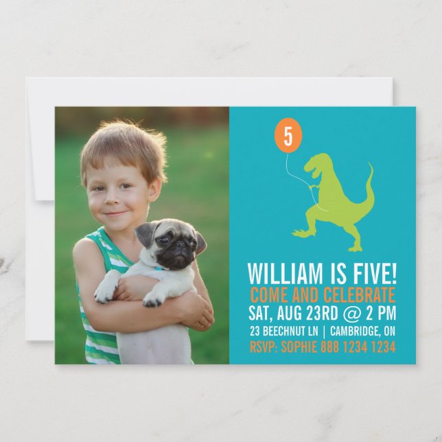 Invitation Dinosaure Vert & Balloon Photo Anniversaire Invita (Devant)
