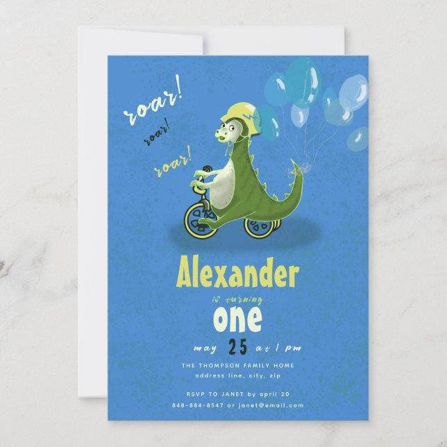 Invitation Dinosaure vert mignon sur Trike Boy Anniversaire P (Devant)