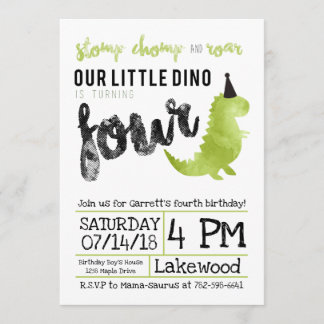 Invitation Dinosaure vert Stomp et Chomp Quatrième anniversai