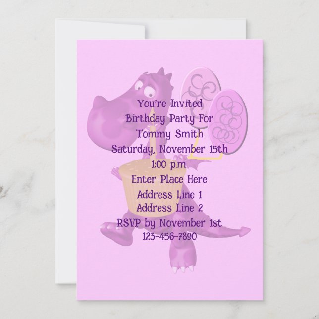 Invitation Dinosaure violet mignon fête d'anniversaire (Devant)