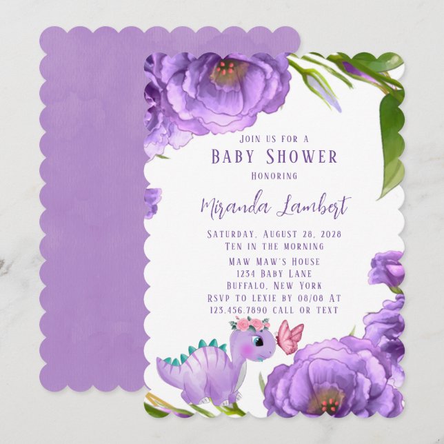 Invitation Dinosaure violet Peony Baby shower papillon fille (Devant / Derrière)