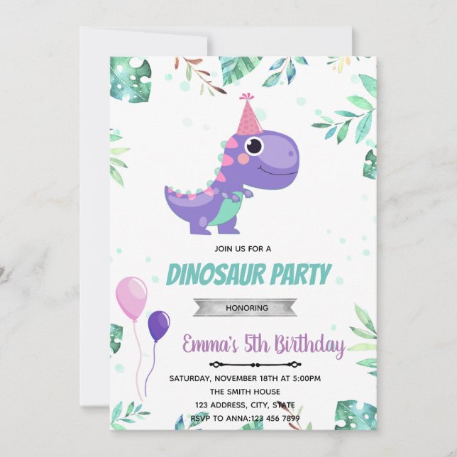 Invitation Dinosaure violet rose (Devant)