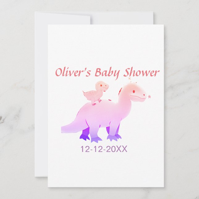 Invitation Dinosaure violet rose rouge baby shower ajouter la (Devant)