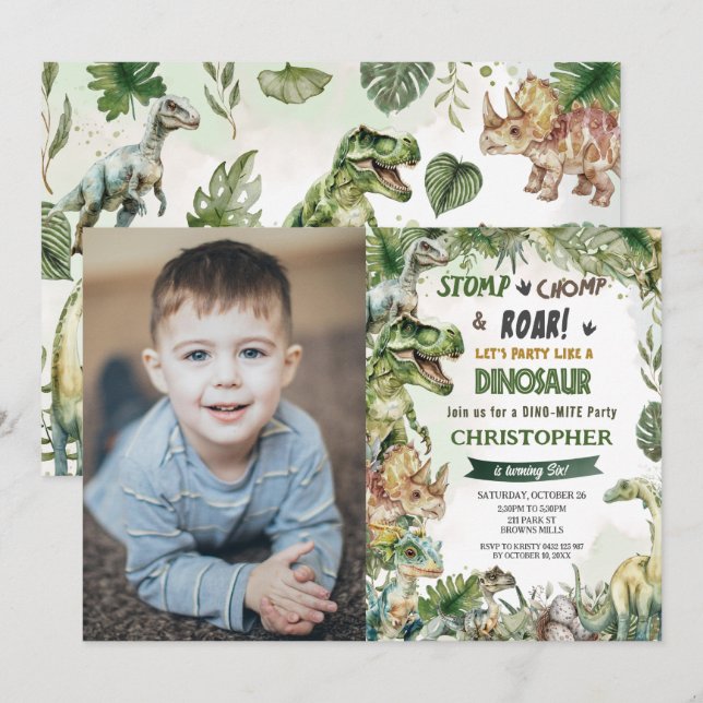 Invitation Dinosaures Anniversaire Fête Stomp Chomp Roar Phot (Devant / Derrière)