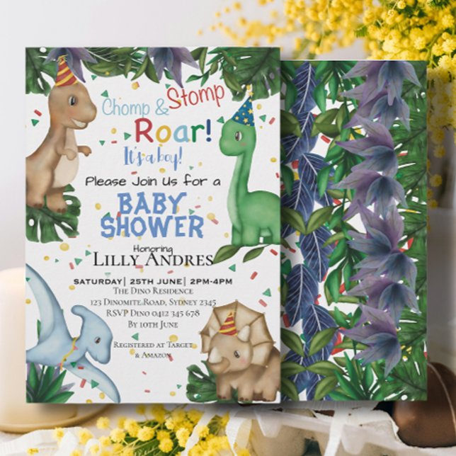 Invitation Dinosaures Baby shower | Stomp Chomp Roar! (Créateur téléchargé)