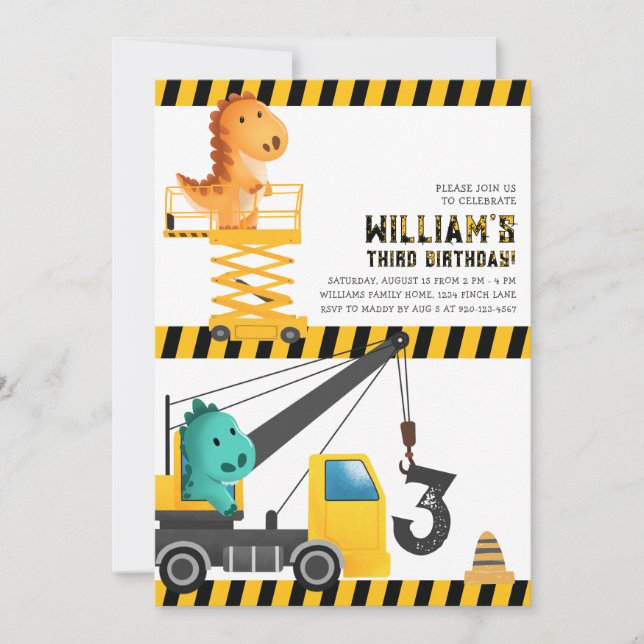 Invitation Dinosaures Construction Anniversaire Fête Invitati (Devant)