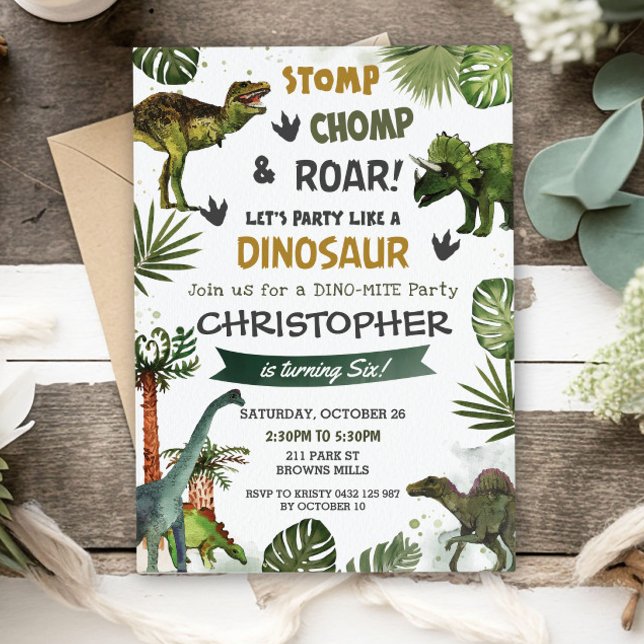 Invitation Dinosaures de verdure Anniversaire Fête Stomp Chom (Créateur téléchargé)