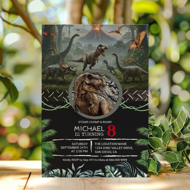 Invitation Dinosaures Jurassique Anniversaire Fête Stomp Chom (Prehistoric T-Rex Dinosaur Birthday Party Invitation)