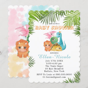 Invitation Dinosaures mignonnes colorées Bébé Douche Invitati