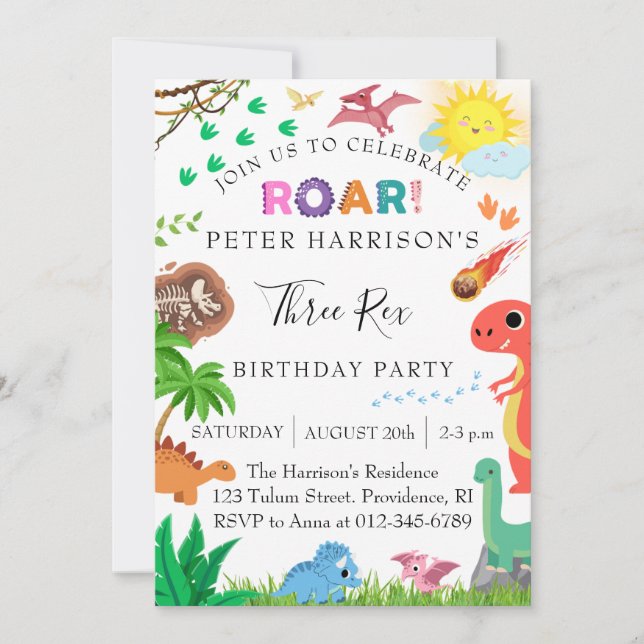 Invitation Dinosaures Trois Rex fête d'anniversaire (Devant)