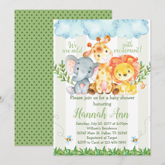 Invitation d'invitation de baby shower de safari (Devant / Derrière)