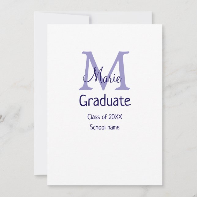 Invitation Diplômé ajouter nom monogramme violet simple minim (Devant)