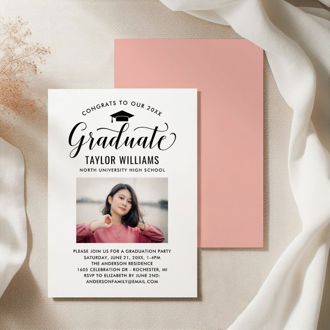 Invitation Diplômé Calligraphie Photo Rose Gold Graduation (Créateur téléchargé)