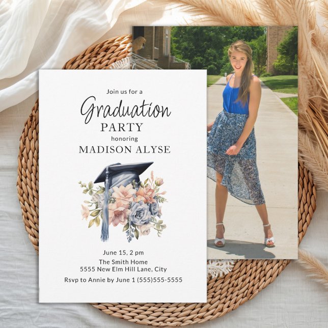 Invitation Diplôme Cap bleu rose floral photo Graduation (Graduation party photo invitation)