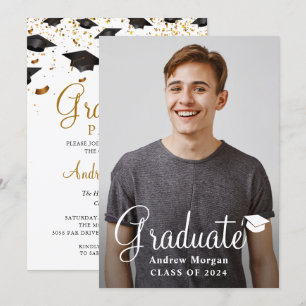 Invitation Diplôme Cap & Gold confetti Diplômé Photo Grad