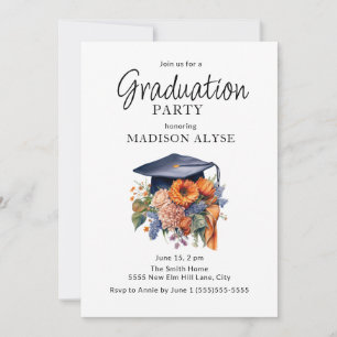 Invitation Diplôme Cap Orange Chute Florale Photo Graduation