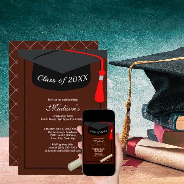 Invitation Diplôme Casquette noir Simple Graduation Party Bro (Black Cap Diploma Simple Graduation Party Brown Invitation)