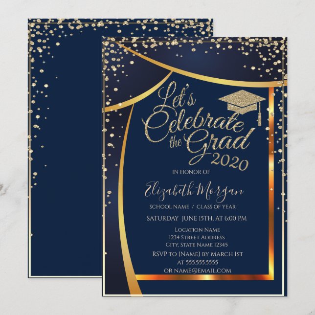 Invitation Diplôme chic Diamètre de la casquette Marine Bleu  (Devant / Derrière)