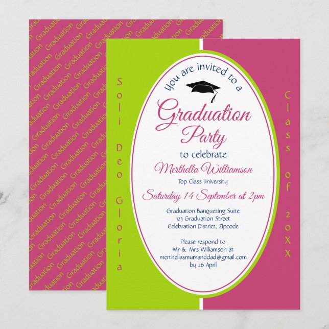 Invitation DIPLÔME Christian Pink Green personnalisé (Devant / Derrière)