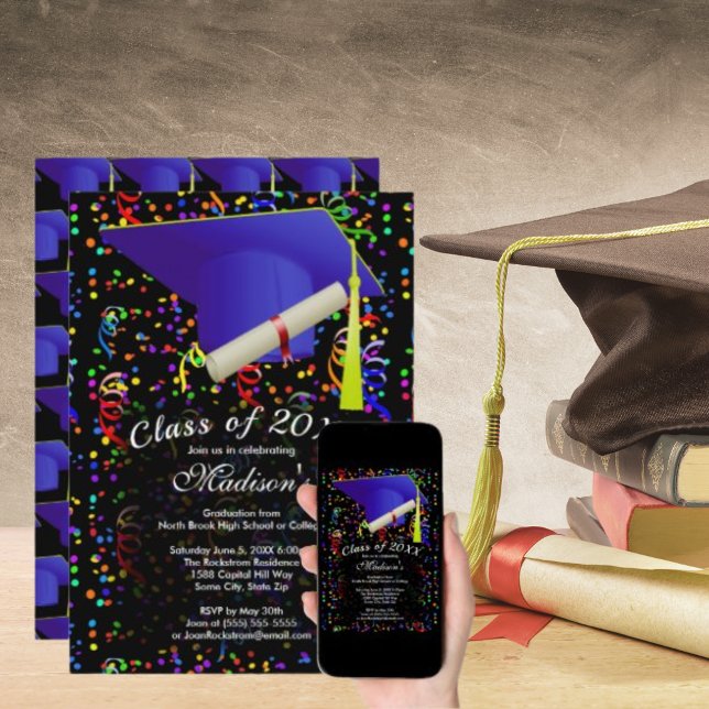 Invitation Diplôme de Casquette de grade bleu Confetti Noir (Graduation Blue Grad Cap Diploma Confetti Black Invitation)