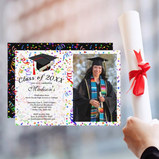Invitation Diplôme de Casquette noir Confetti Party (Photo Graduation Black Cap Diploma Confetti Party Invitation)
