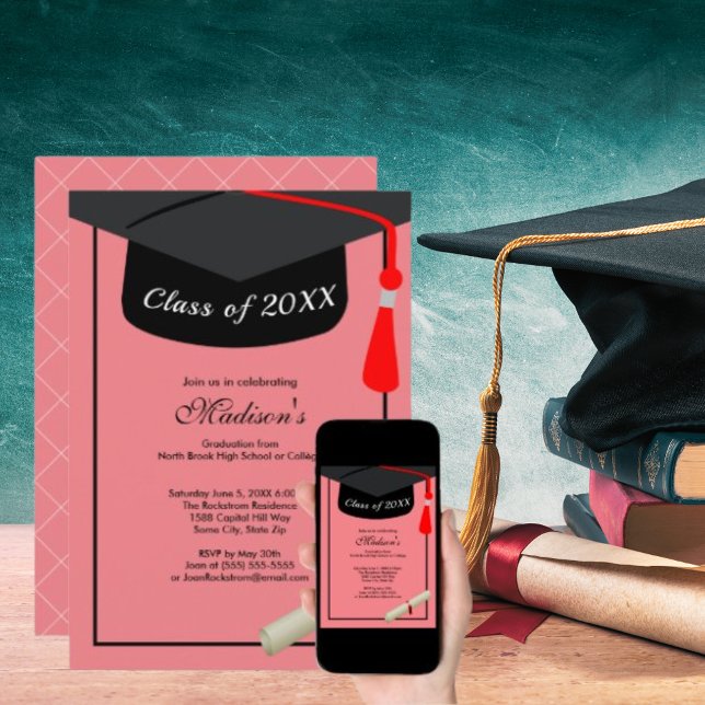 Invitation Diplôme de Casquette noir Modern Pink Graduation P (Black Cap Diploma Modern Pink Graduation Party Invitation)