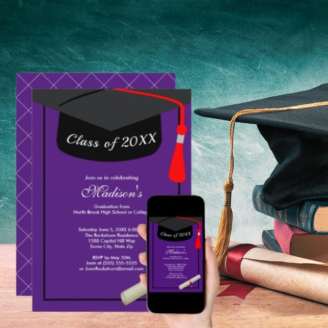 Invitation Diplôme de Casquette noir moderne violet Partie de (Black Cap Diploma Modern Purple Graduation Party Invitation)