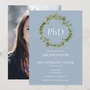 Invitation Diplôme de doctorat Dusty Blue Garland Photo Gradu