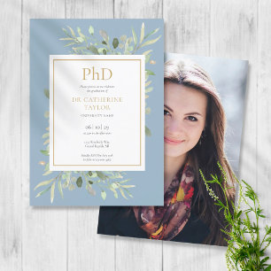 Invitation Diplôme de doctorat Dusty Blue Greenery Photo Grad
