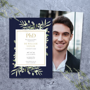 Invitation Diplôme de doctorat Navy Blue Greenery Photo Gradu