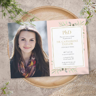 Invitation Diplôme de doctorat Rose Pâle Feuillage Vert Photo