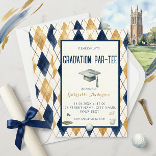 Invitation Diplômé de golf Par-Tee Vert Argyle Aquarelle