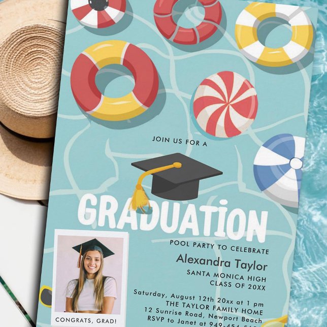 Invitation Diplôme de la fête de la piscine collège secondair (graduation pool party invitations grad photo template cards summer swimming fun cool modern)