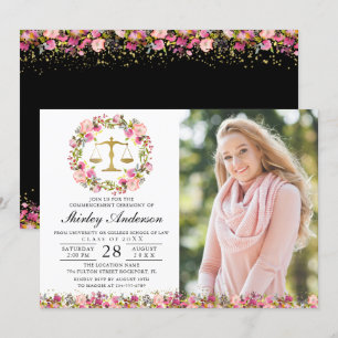 Invitation Diplôme de l'école de droit Pink Gold Floral Grad