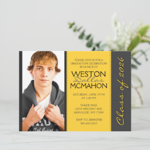 Invitation Diplôme de photo jaune or et gris rayé