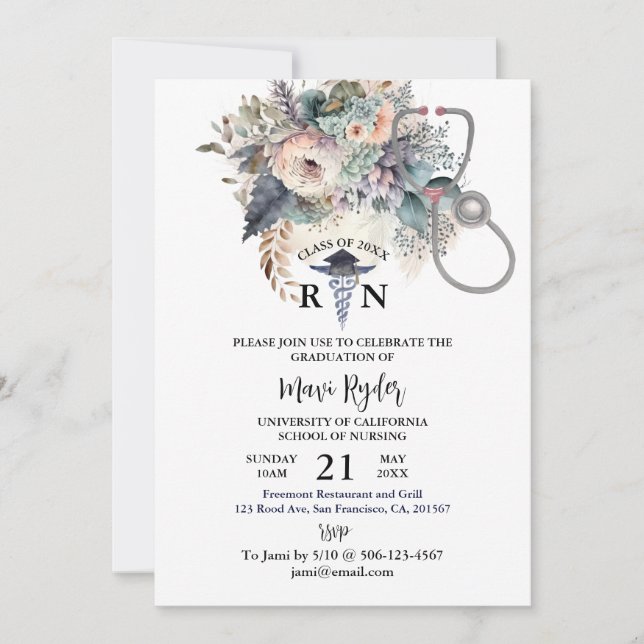 Invitation Diplôme de soins infirmiers personnalisé Boho Iora (Devant)